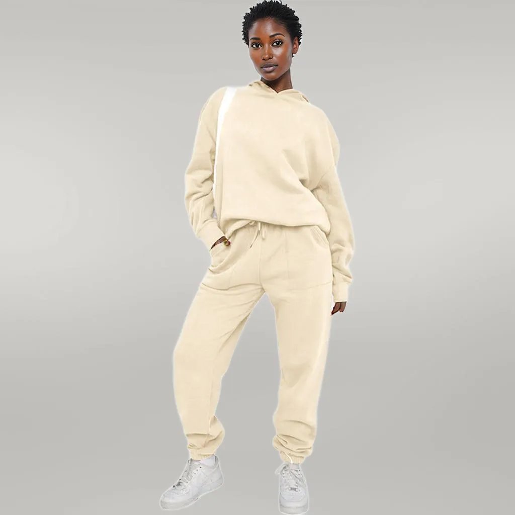 Solid Color Hooded Sweater Pants Set Women Apricot