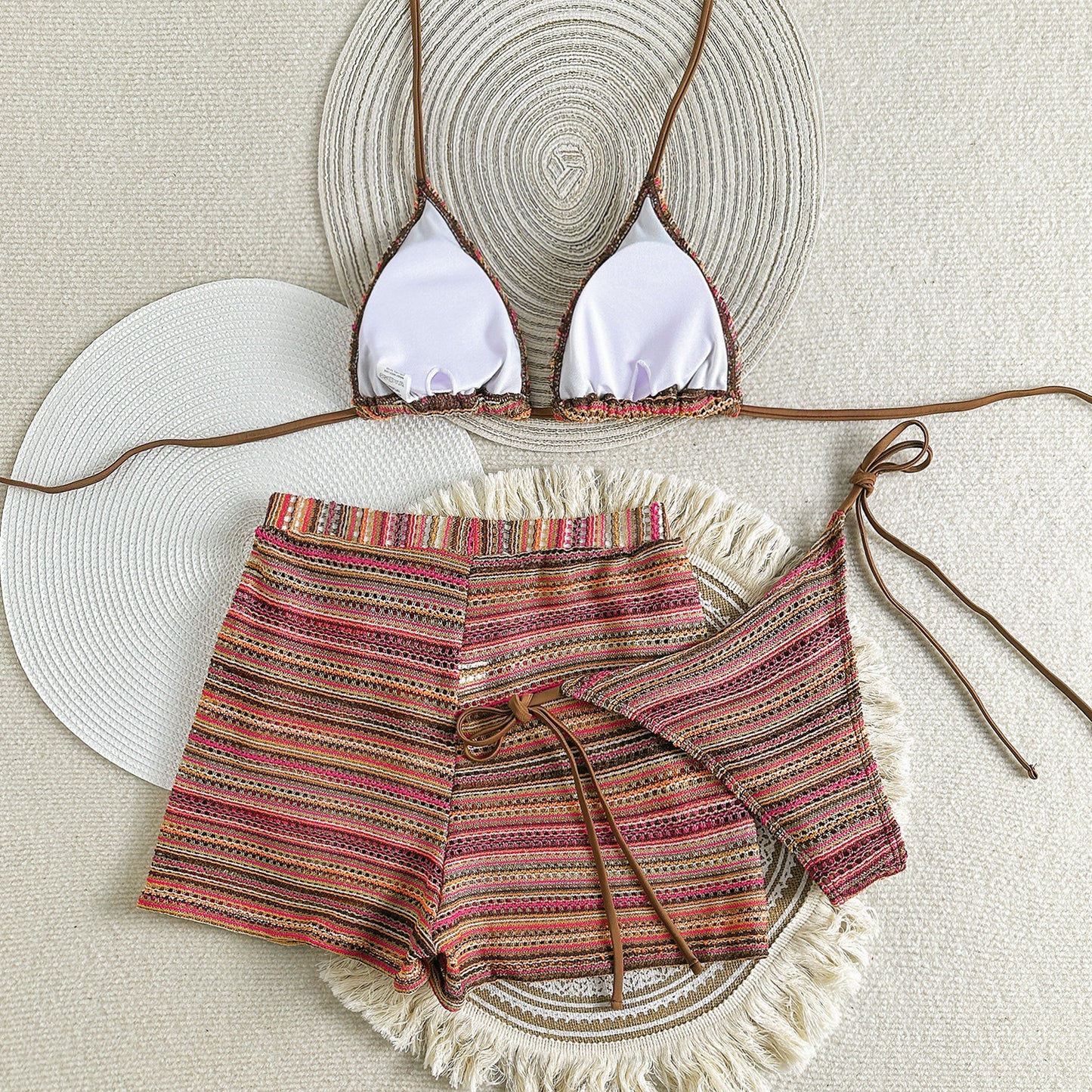 Knitted Contrast Color Beach Shorts Three Piece Swimsuit Bikini
