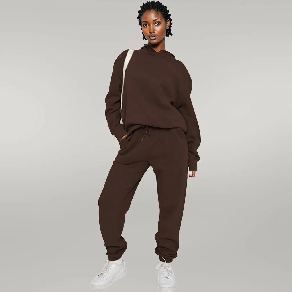 Solid Color Hooded Sweater Pants Set Women Coffee