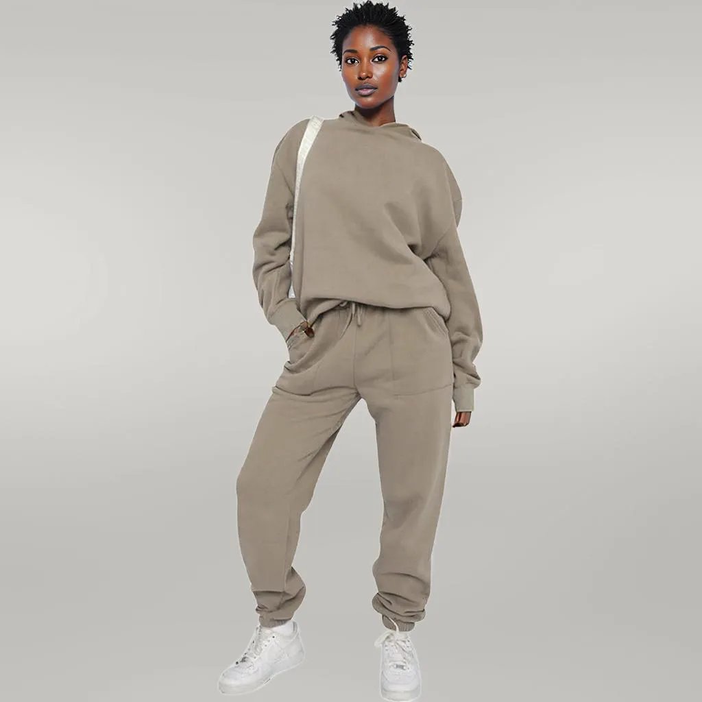 Solid Color Hooded Sweater Pants Set Women Gray chip