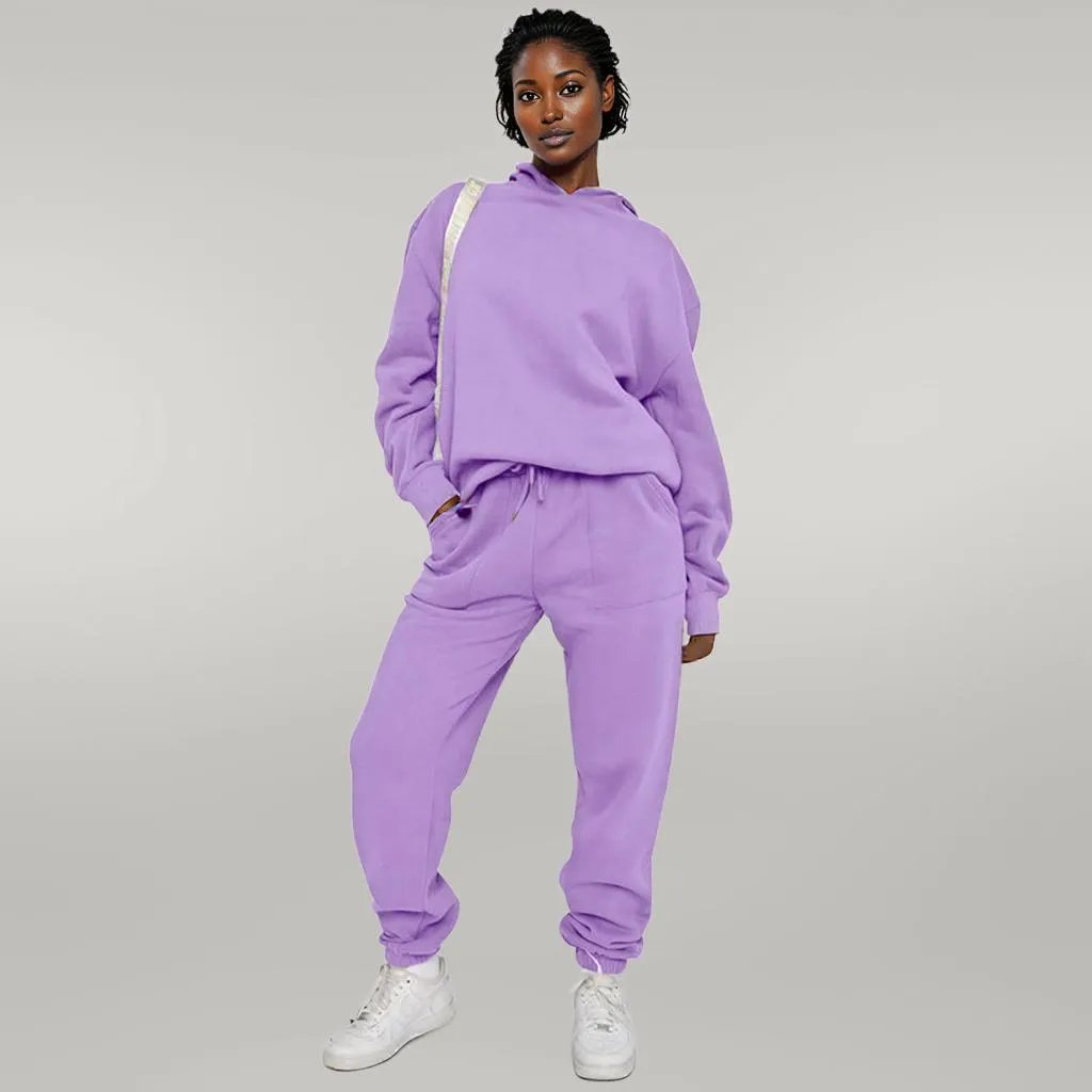 Solid Color Hooded Sweater Pants Set Women