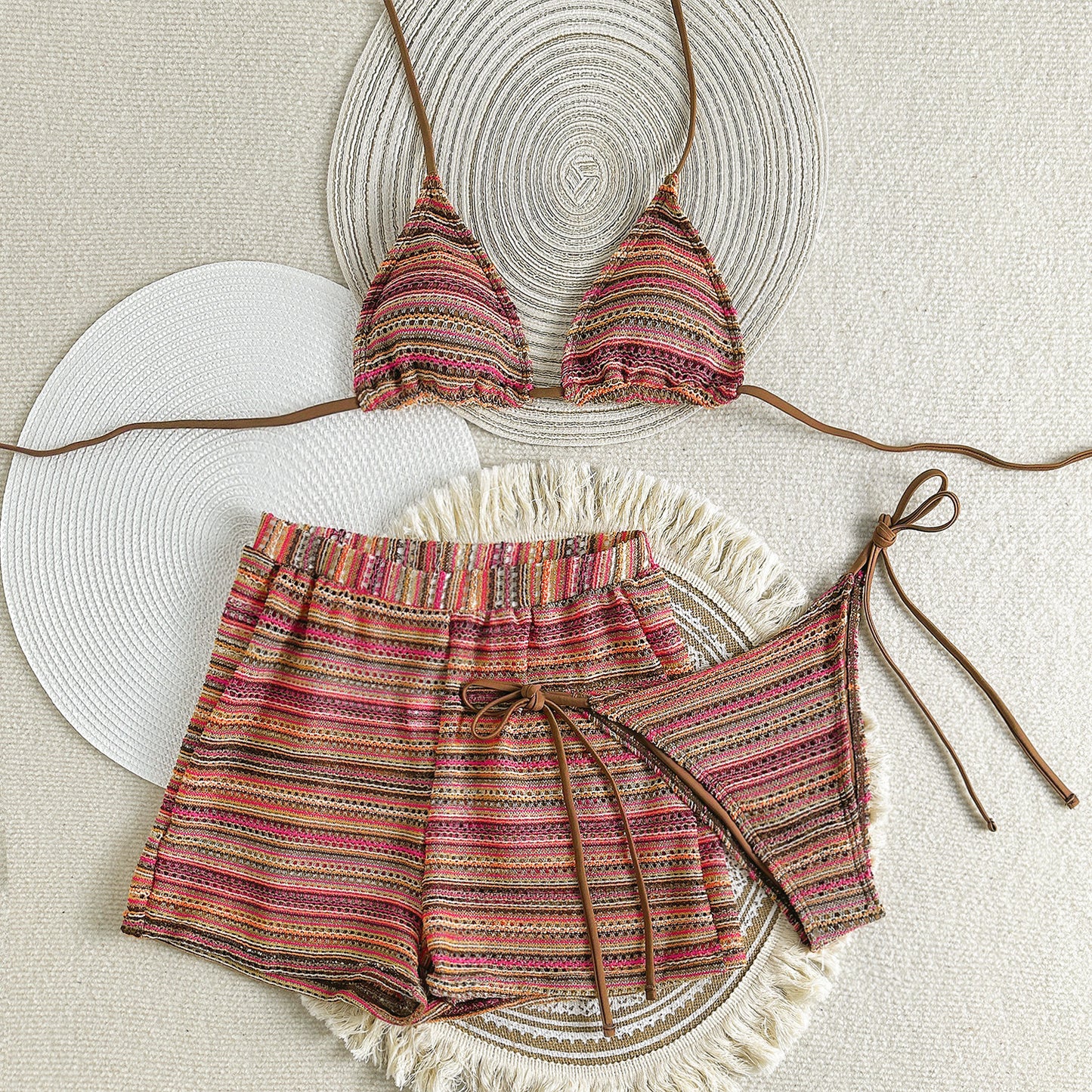 Knitted Contrast Color Beach Shorts Three Piece Swimsuit Bikini Coffee