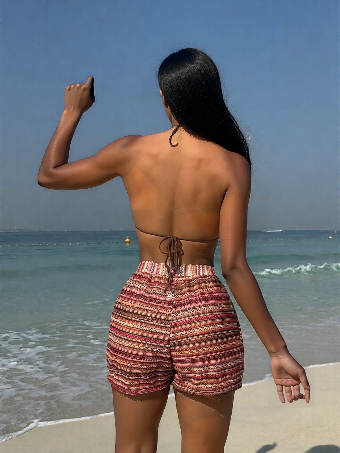 Knitted Contrast Color Beach Shorts Three Piece Swimsuit Bikini