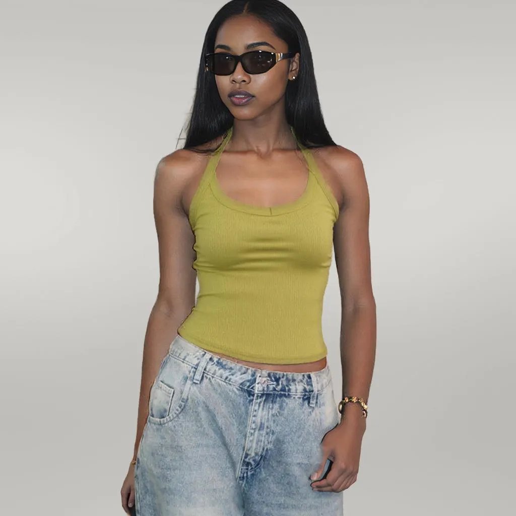 Knitted Vest Sexy Slim Halter Solid Color Top S Yellow