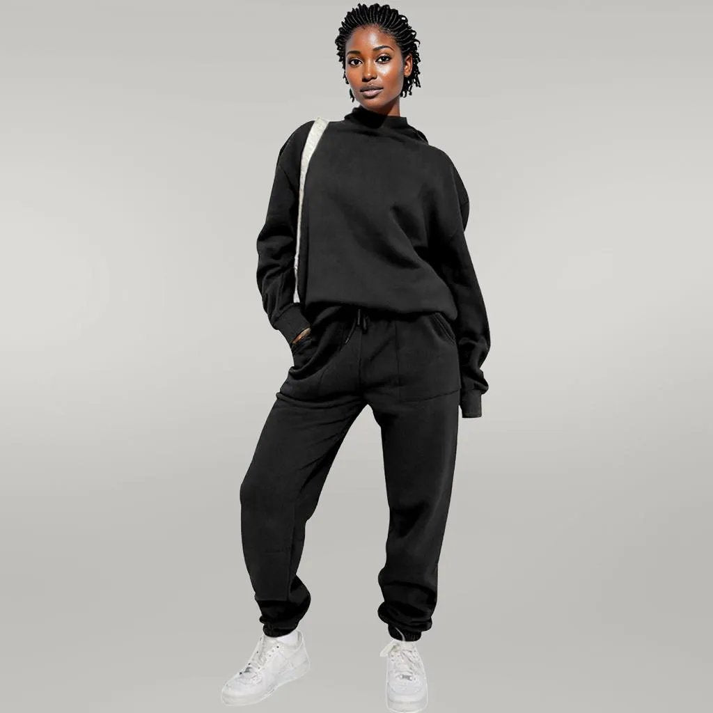 Solid Color Hooded Sweater Pants Set Women Black