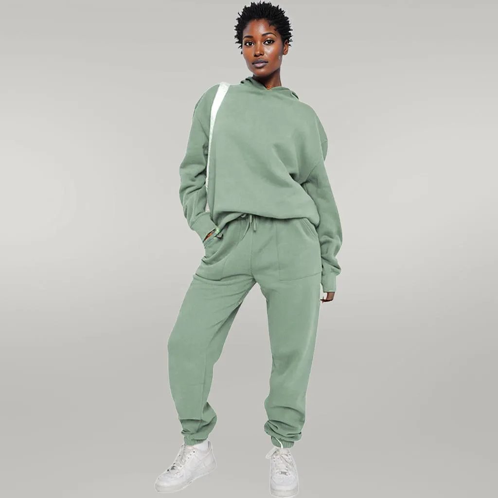 Solid Color Hooded Sweater Pants Set Women Light Green