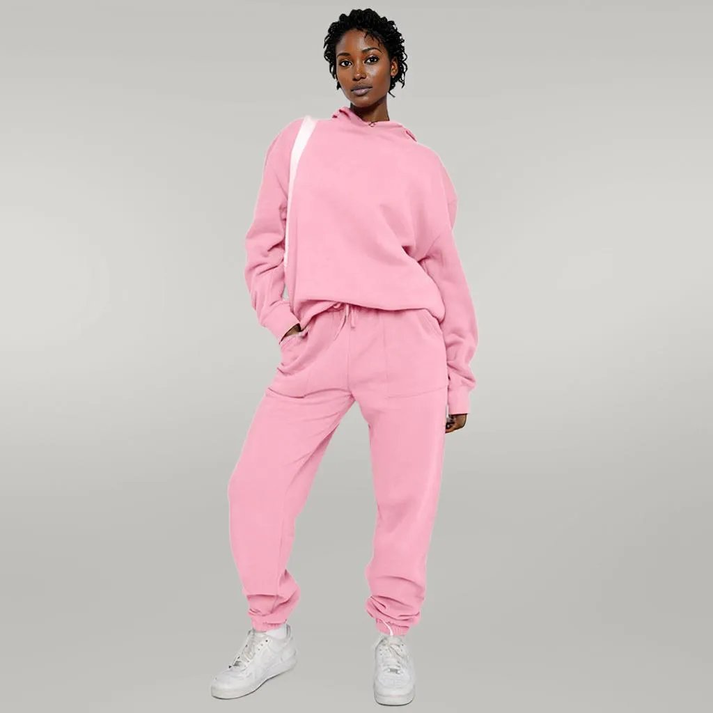 Solid Color Hooded Sweater Pants Set Women