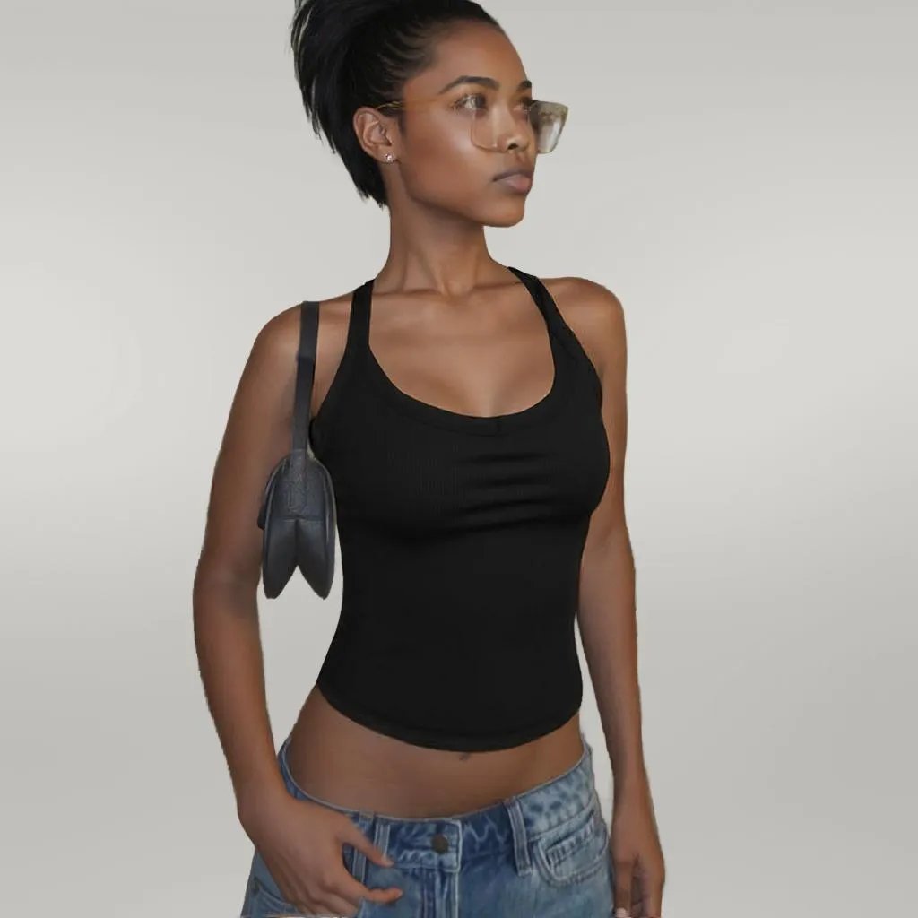 Knitted Vest Sexy Slim Halter Solid Color Top Black