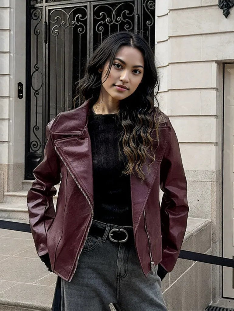 90s Retro Vegan Leather Jacket Burgundy