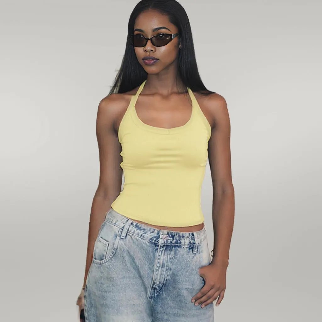 Knitted Vest Sexy Slim Halter Solid Color Top Yellow1