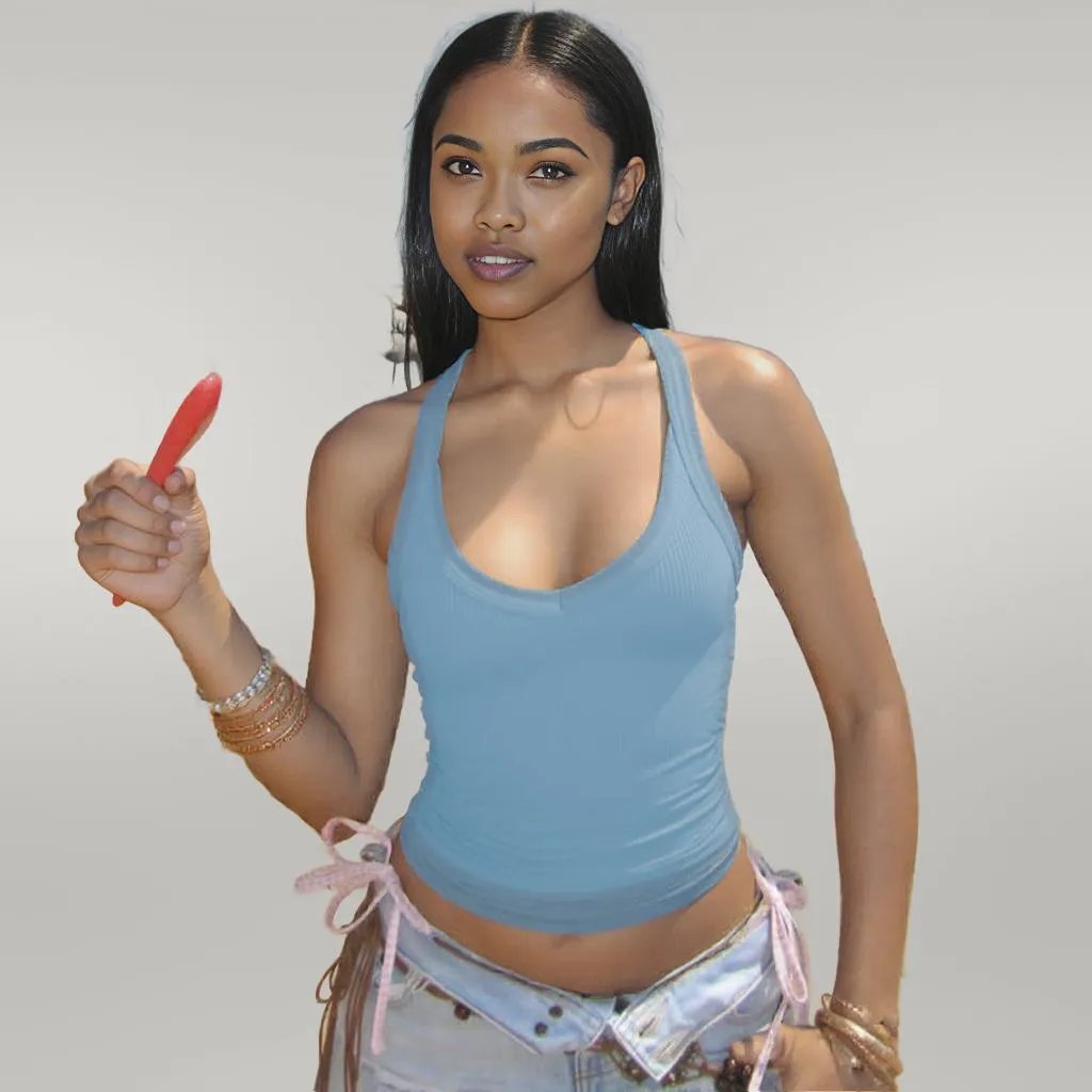 Knitted Vest Sexy Slim Halter Solid Color Top Blue
