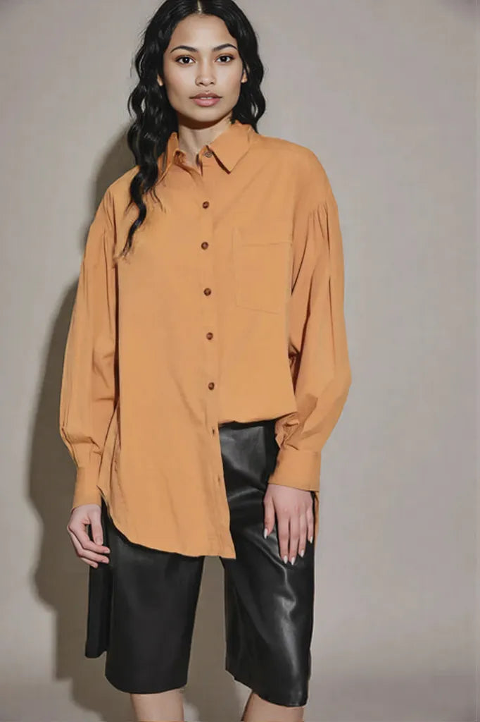 Cotton Oversize Button Up Front Single Pocket Shirt