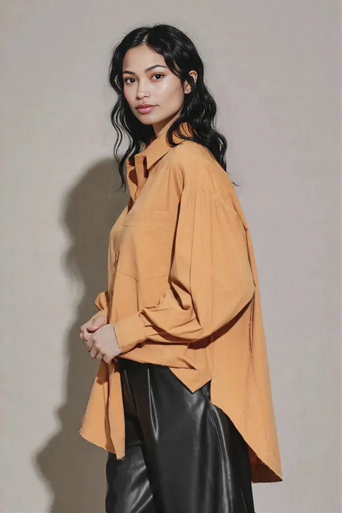 Cotton Oversize Button Up Front Single Pocket Shirt L