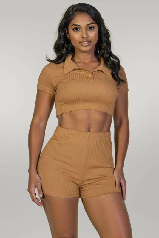 Ribbed Collared Short Sleeve Crop Top & Shorts Set