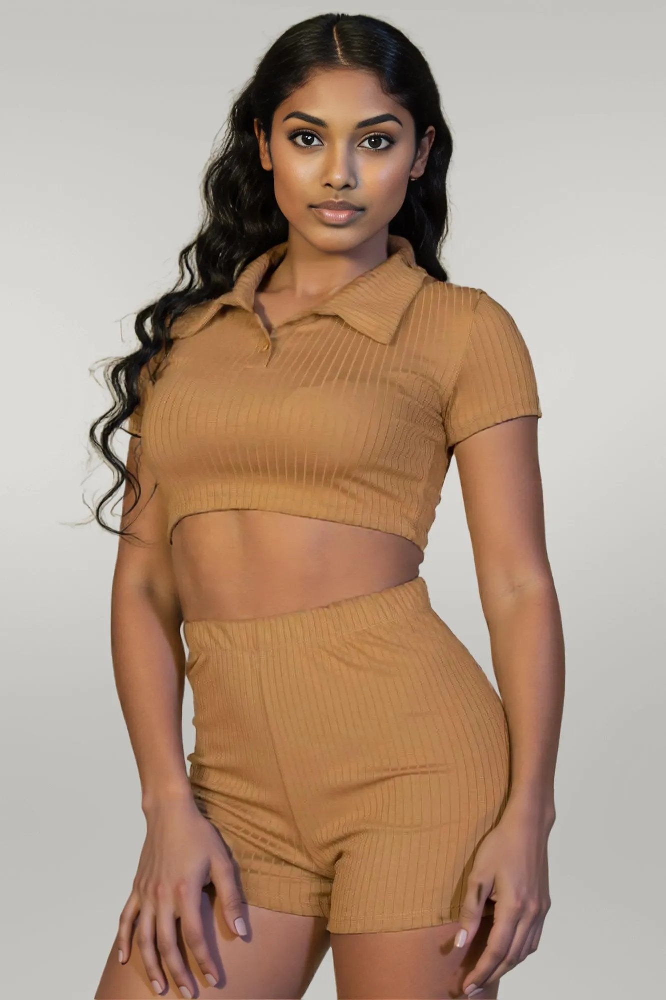 Ribbed Collared Short Sleeve Crop Top & Shorts Set