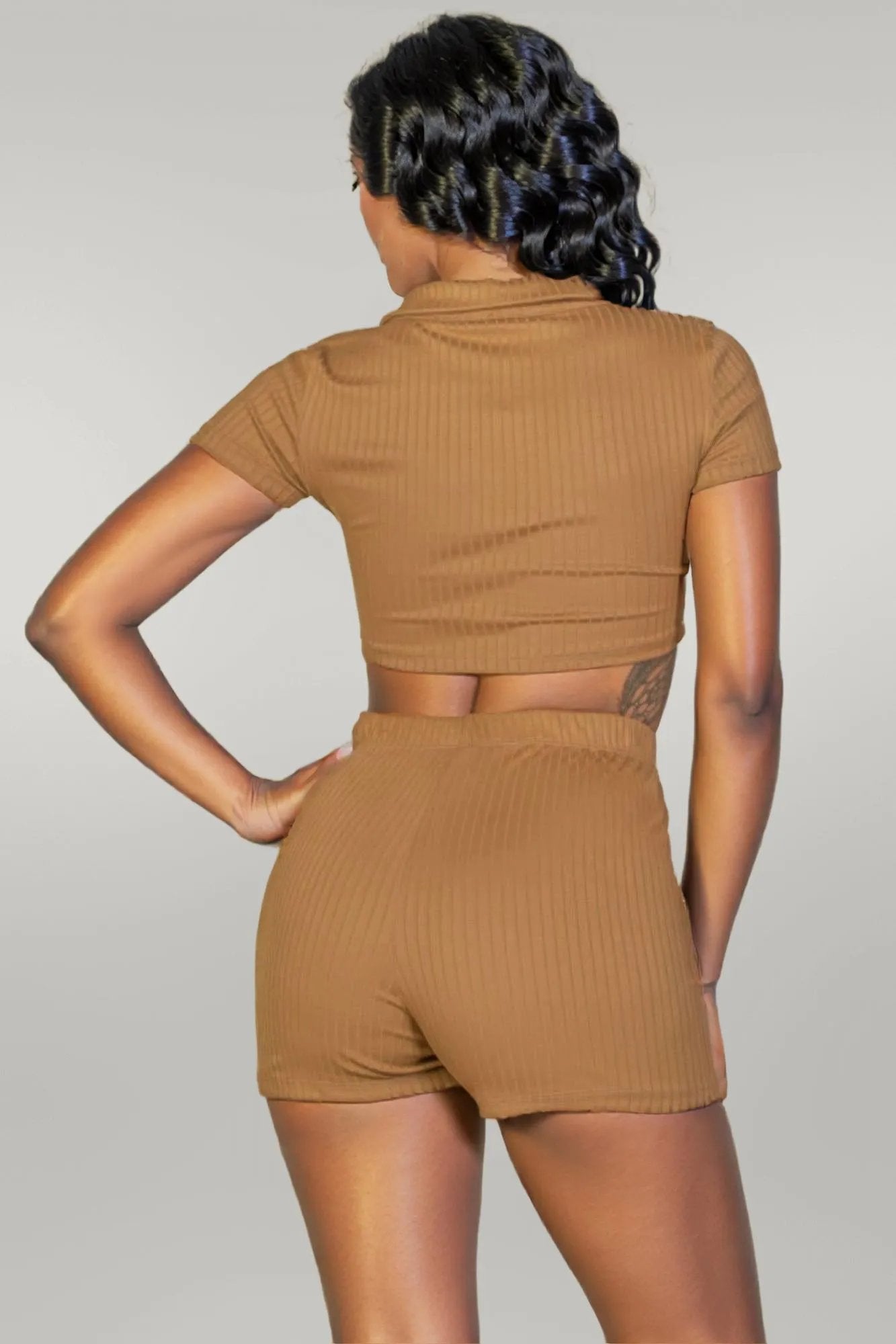 Ribbed Collared Short Sleeve Crop Top & Shorts Set