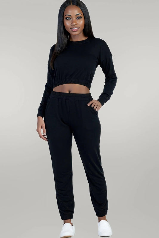 French Terry Elastic Waist Pullover & Joggers Set Black