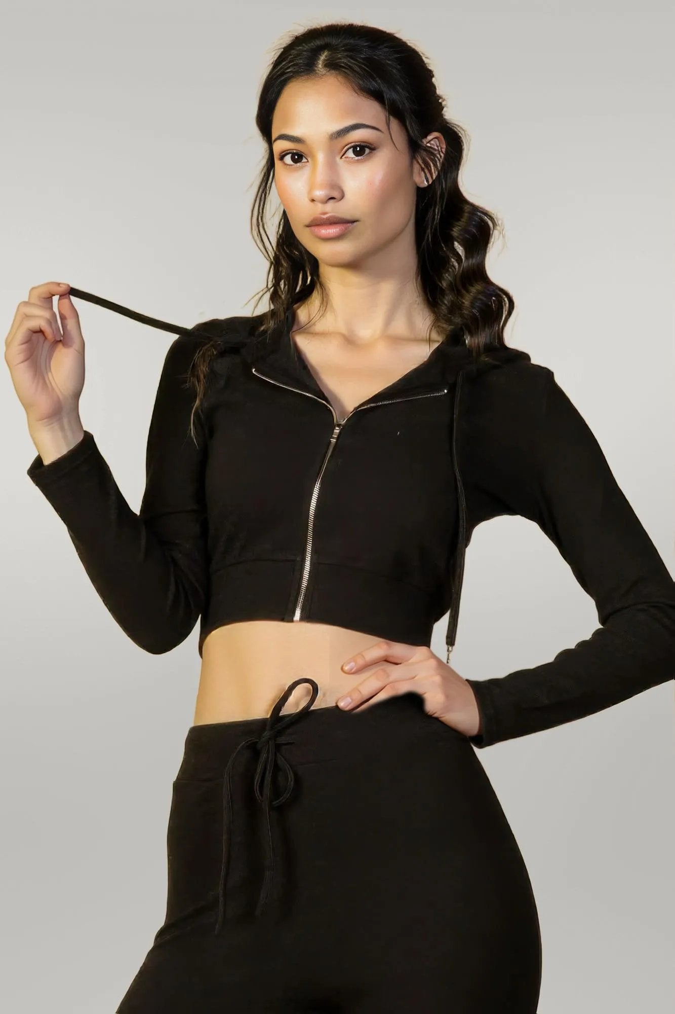 Ribbed Crop Zip Hoodie Black