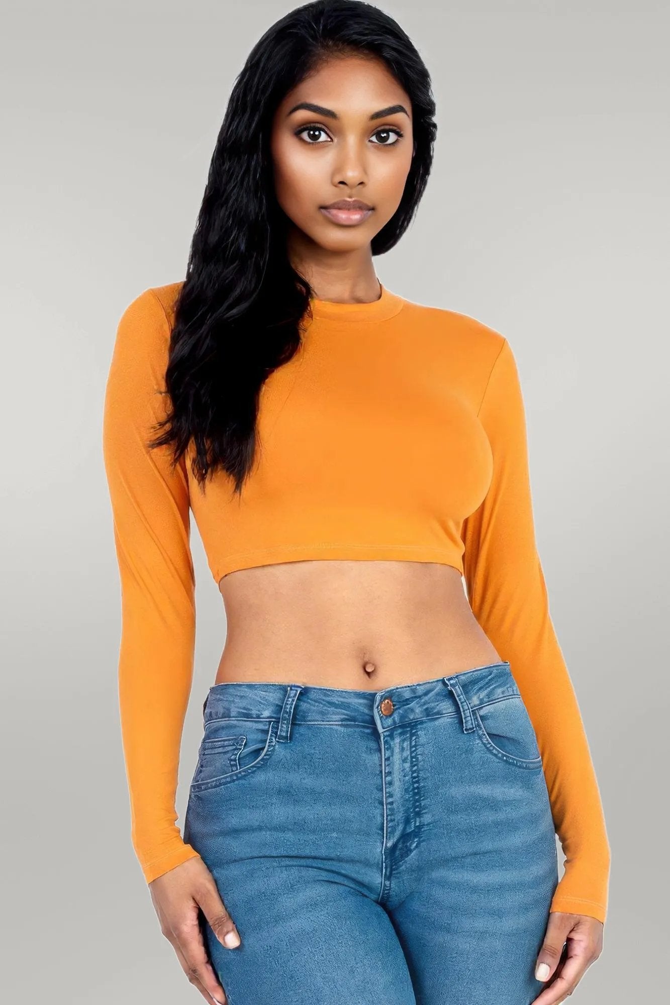 Crew Neck Long Sleeve Cropped Top Gold