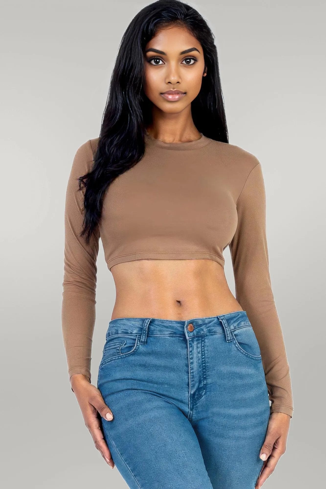 Crew Neck Long Sleeve Cropped Top Coca mocha