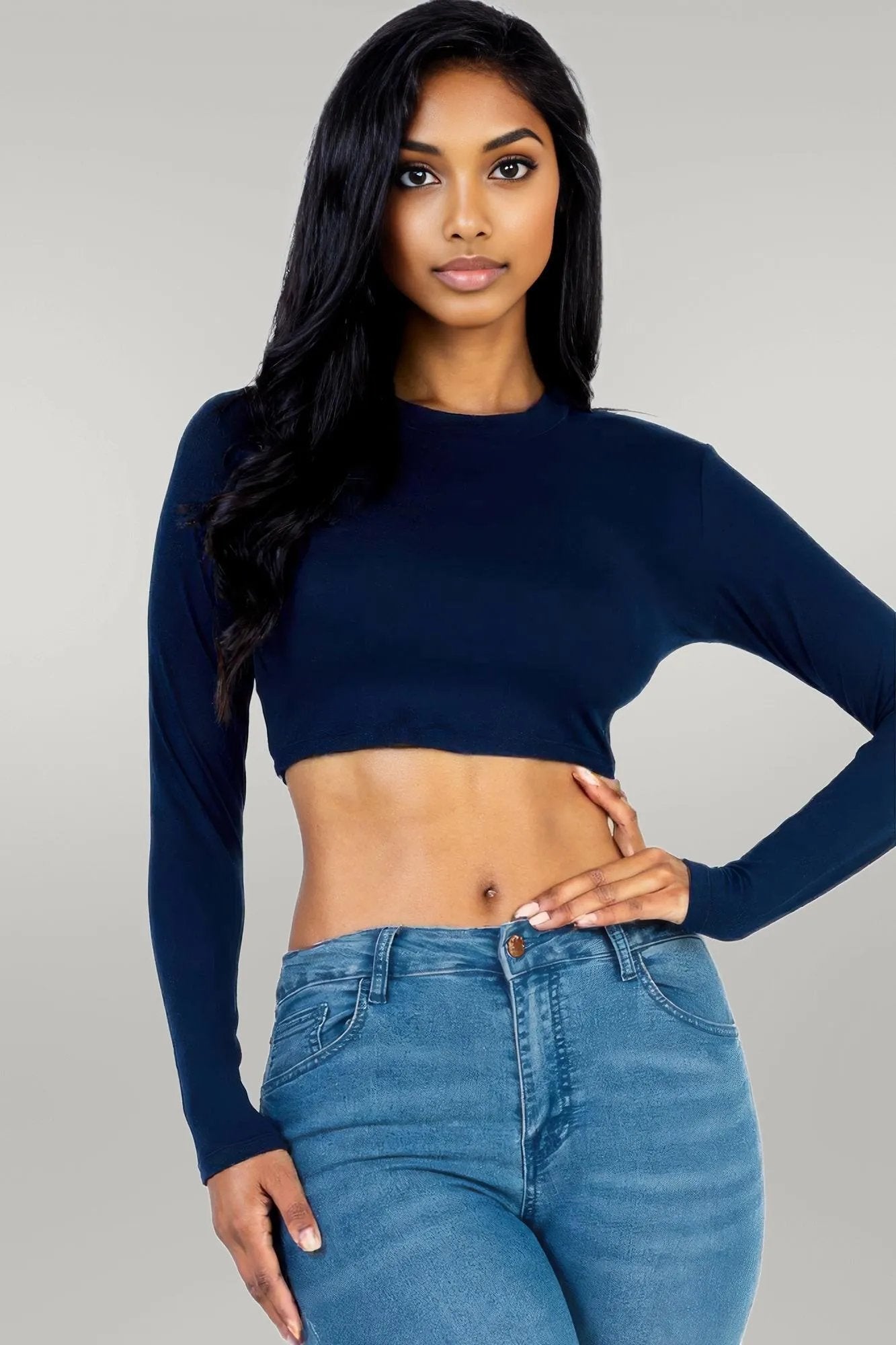 Crew Neck Long Sleeve Cropped Top Navy