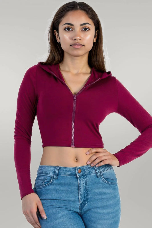 French Terry Crop Zip Up Hoodie Burgundy