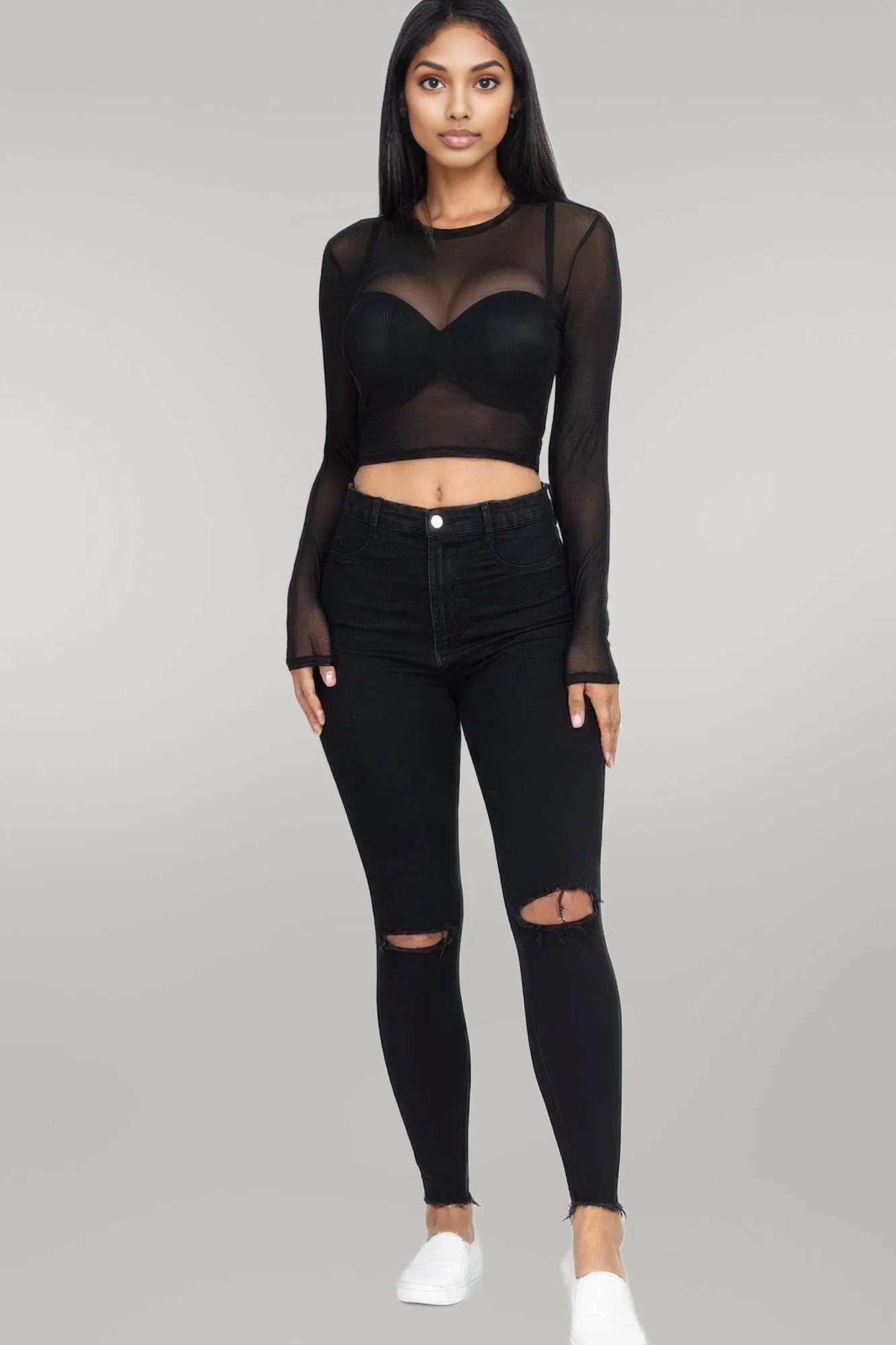Sexy Sheer Mesh Long Sleeve Crop Top