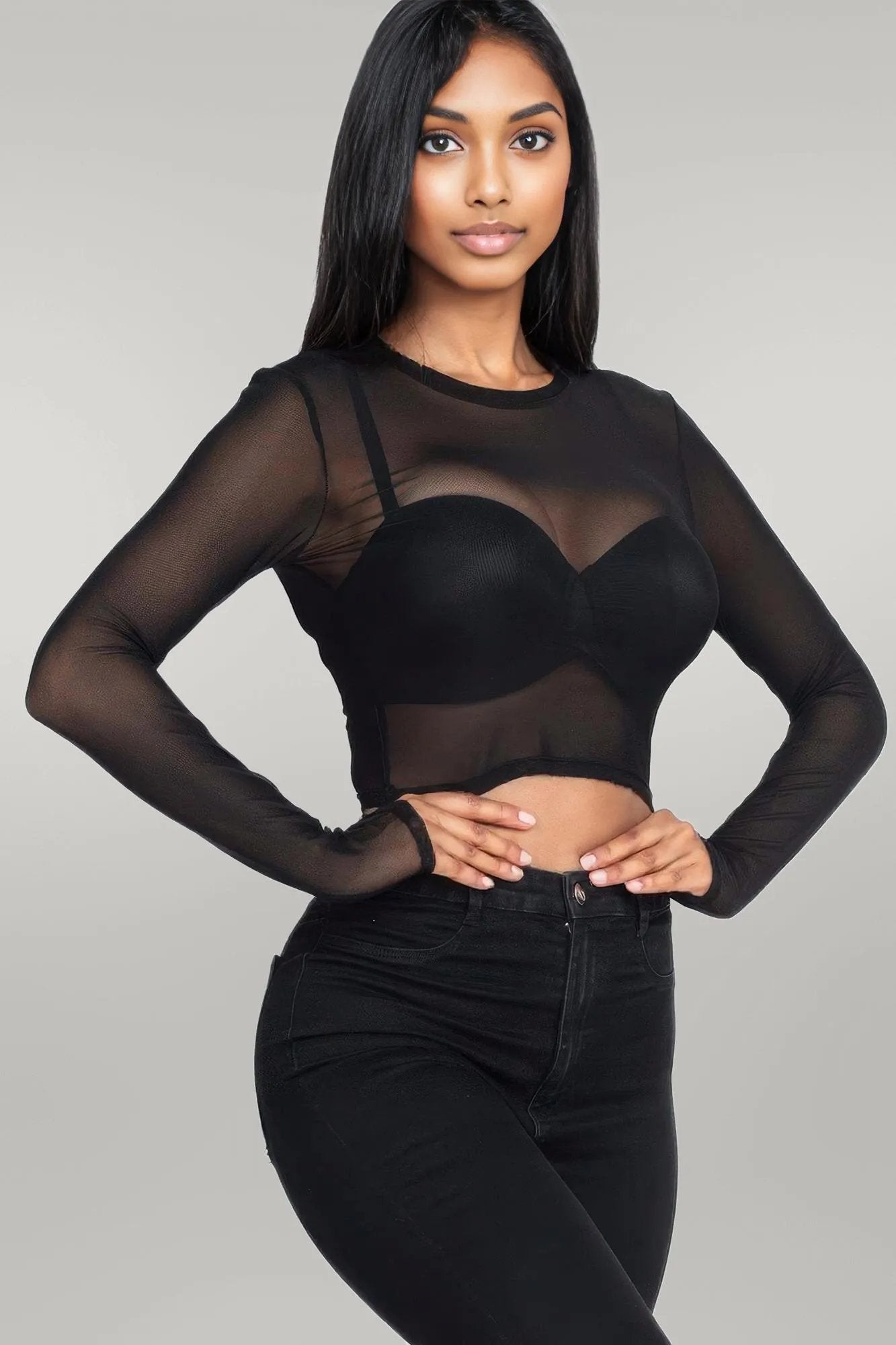 Sexy Sheer Mesh Long Sleeve Crop Top