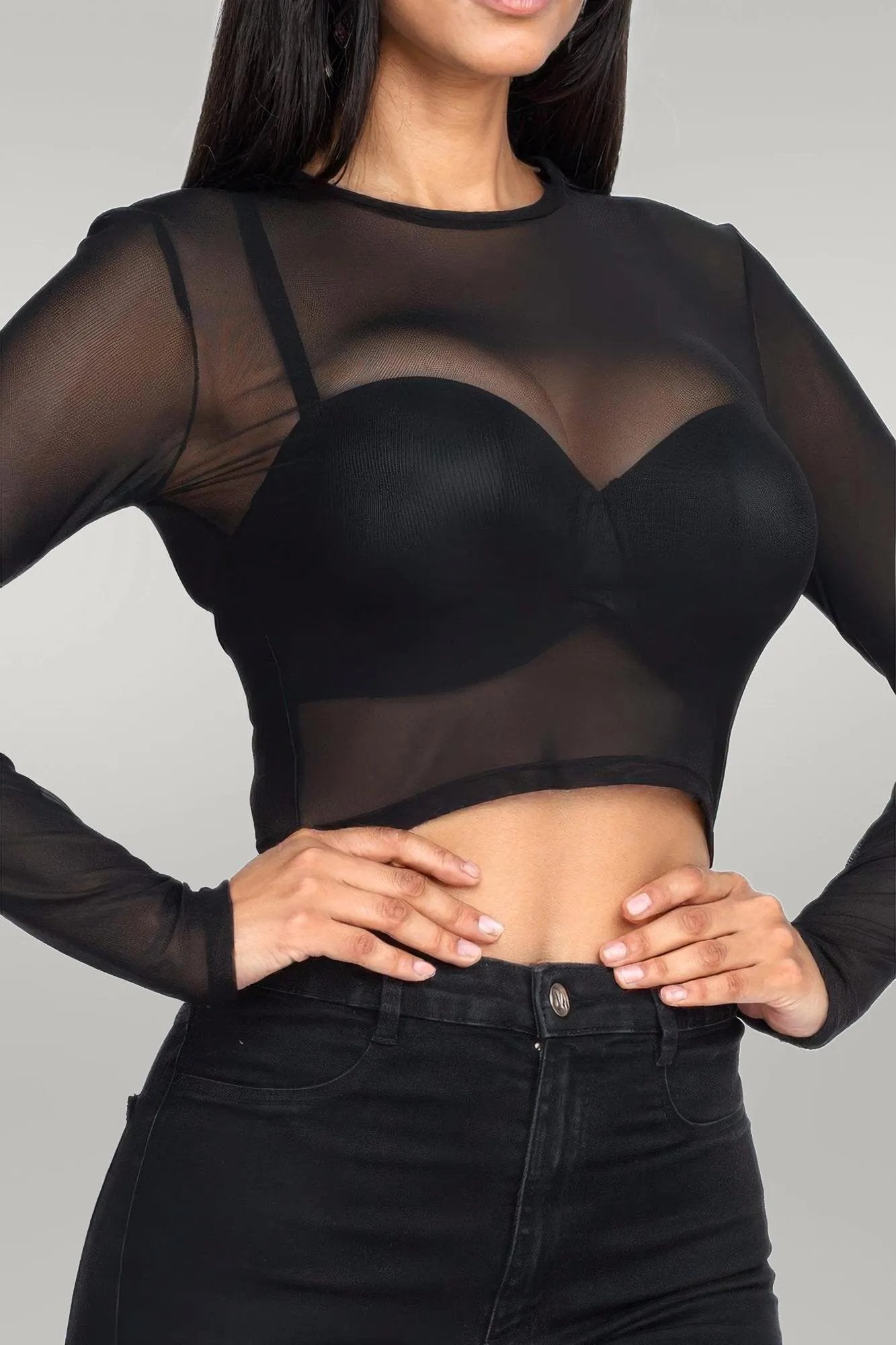 Sexy Sheer Mesh Long Sleeve Crop Top Black