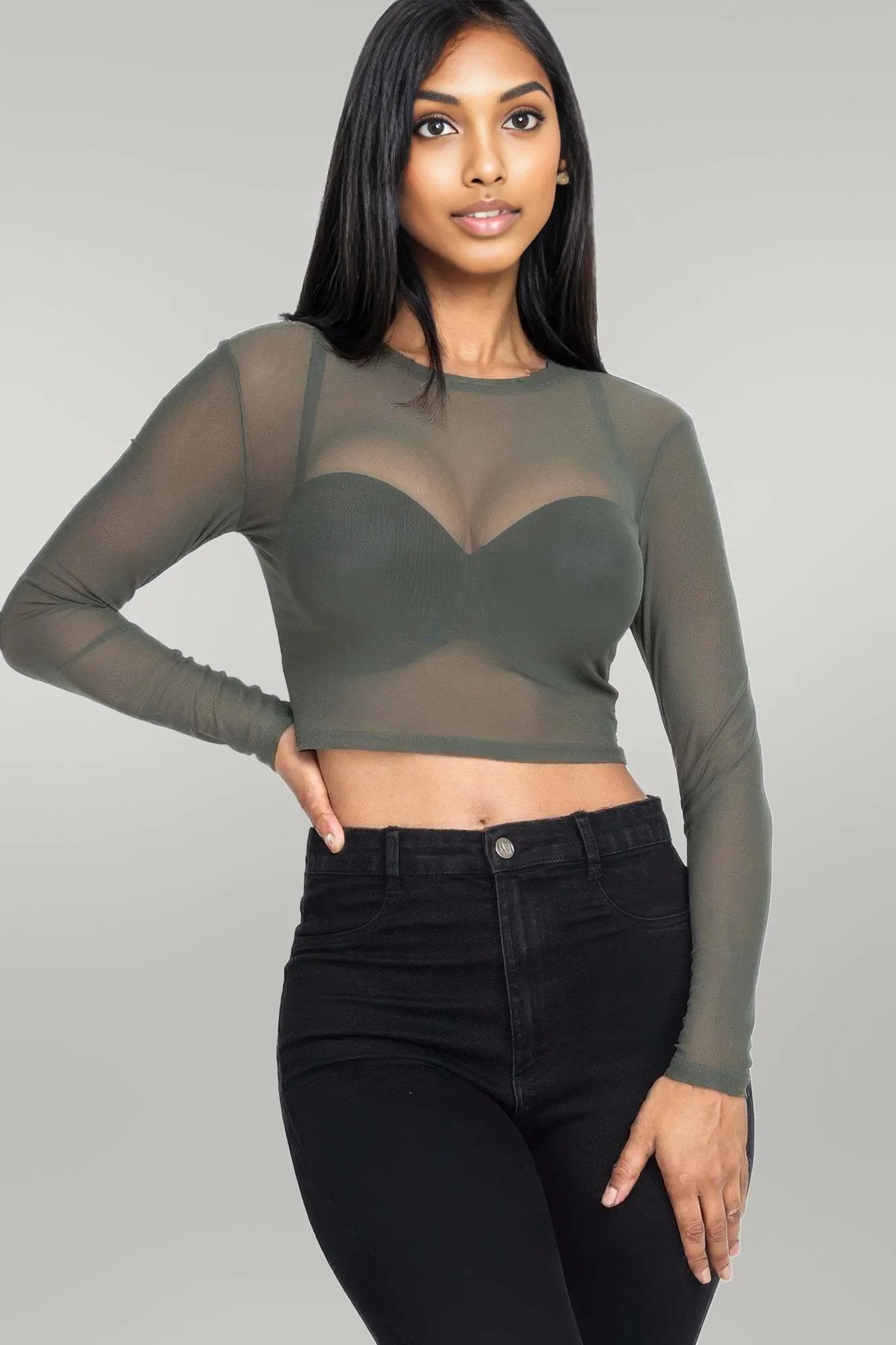 Sexy Sheer Mesh Long Sleeve Crop Top Olive