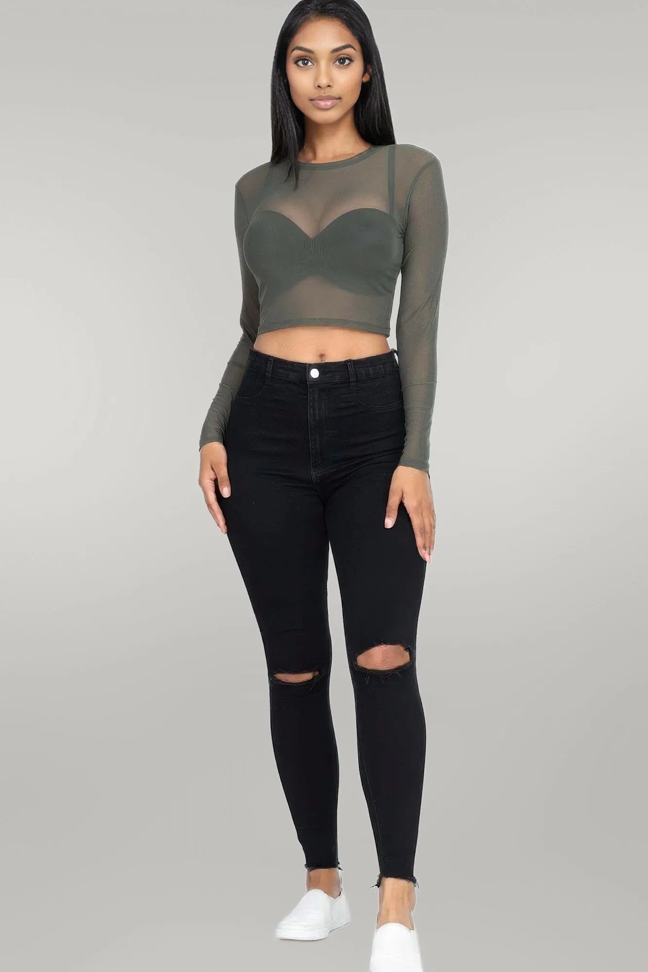 Sexy Sheer Mesh Long Sleeve Crop Top