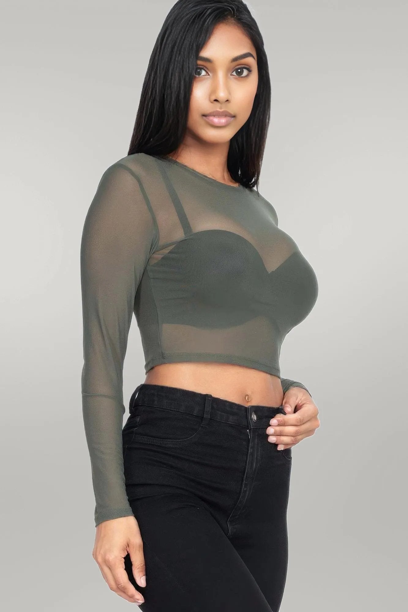 Sexy Sheer Mesh Long Sleeve Crop Top