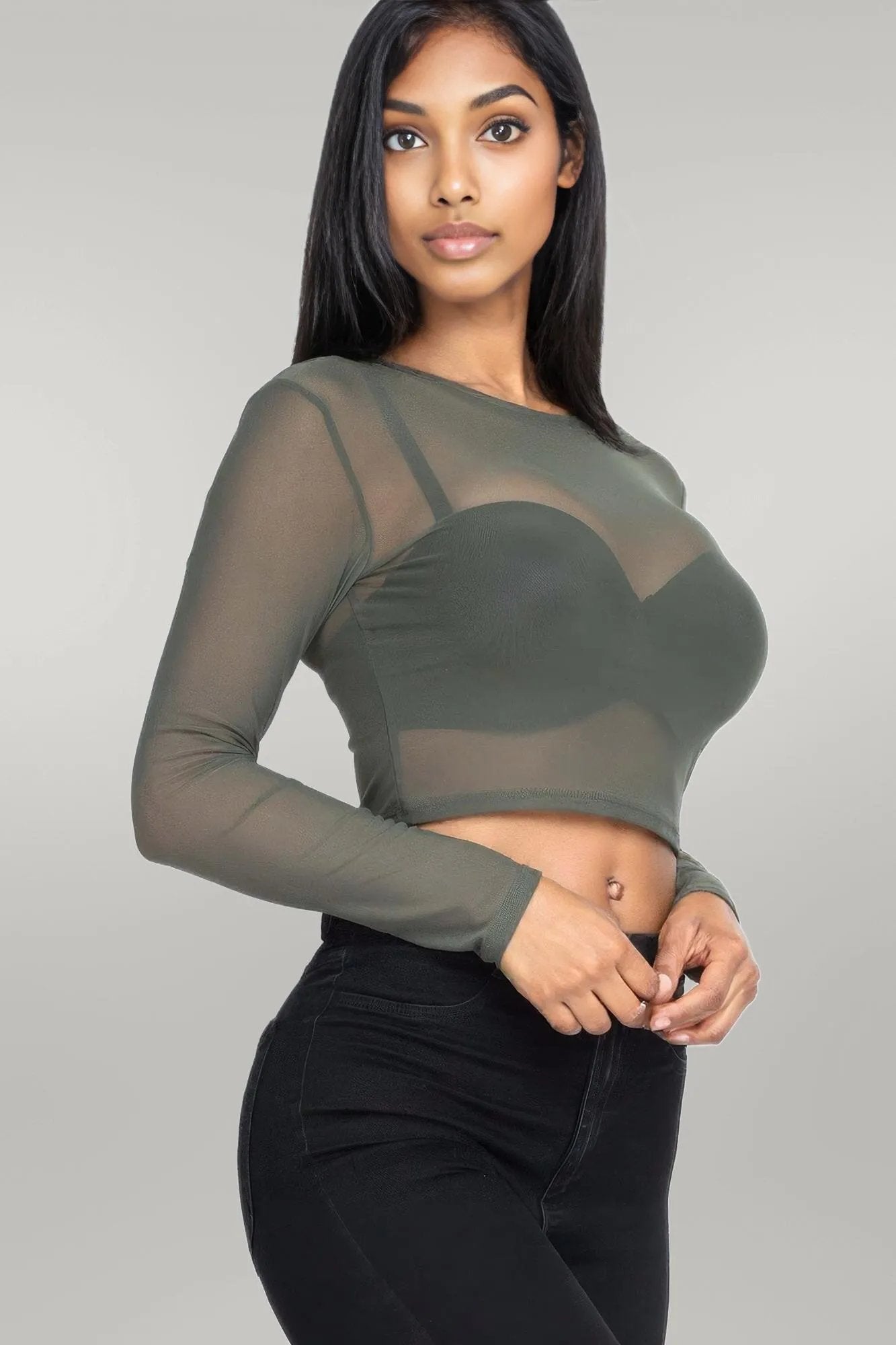 Sexy Sheer Mesh Long Sleeve Crop Top
