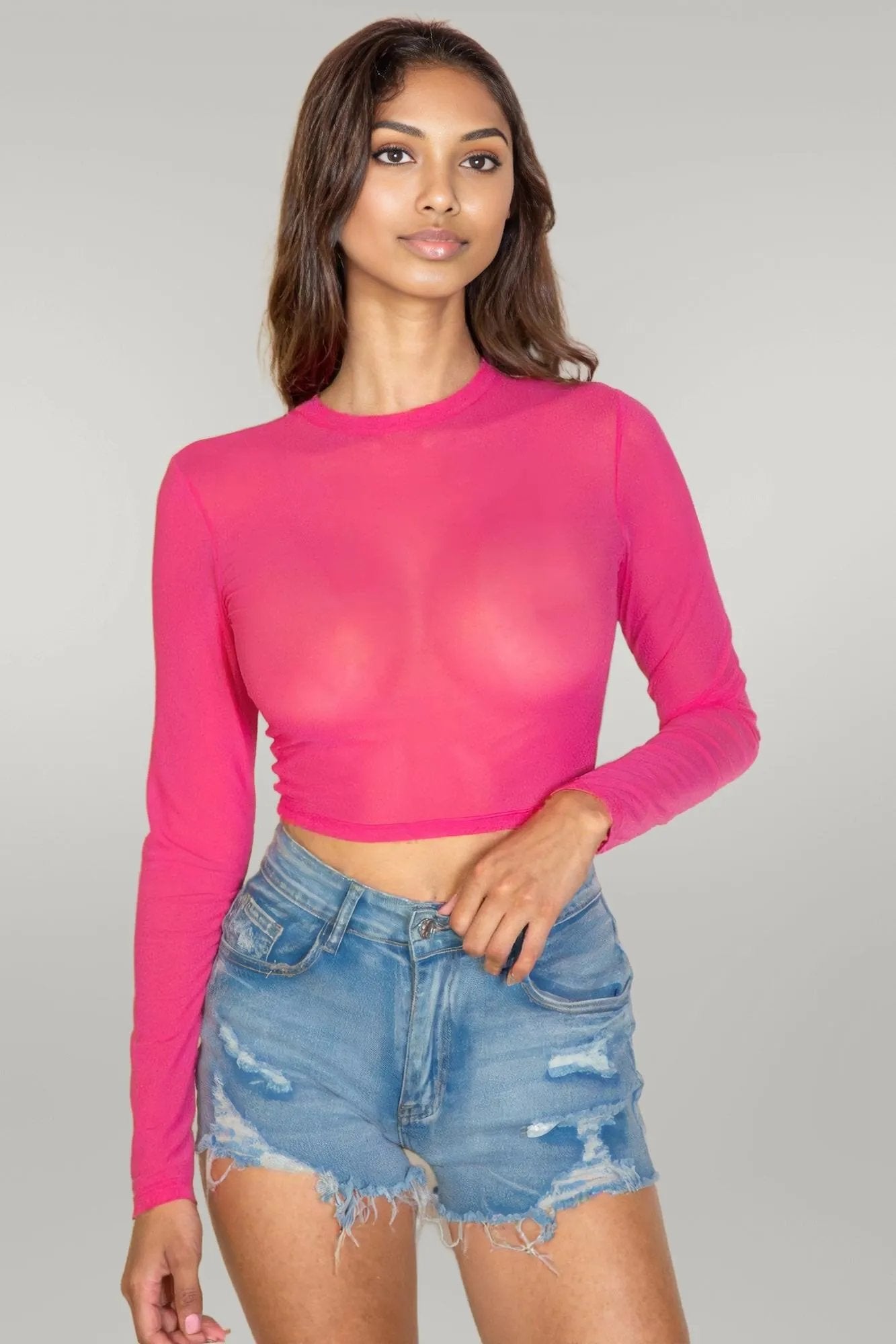 Sexy Sheer Mesh Long Sleeve Crop Top Fuchsia