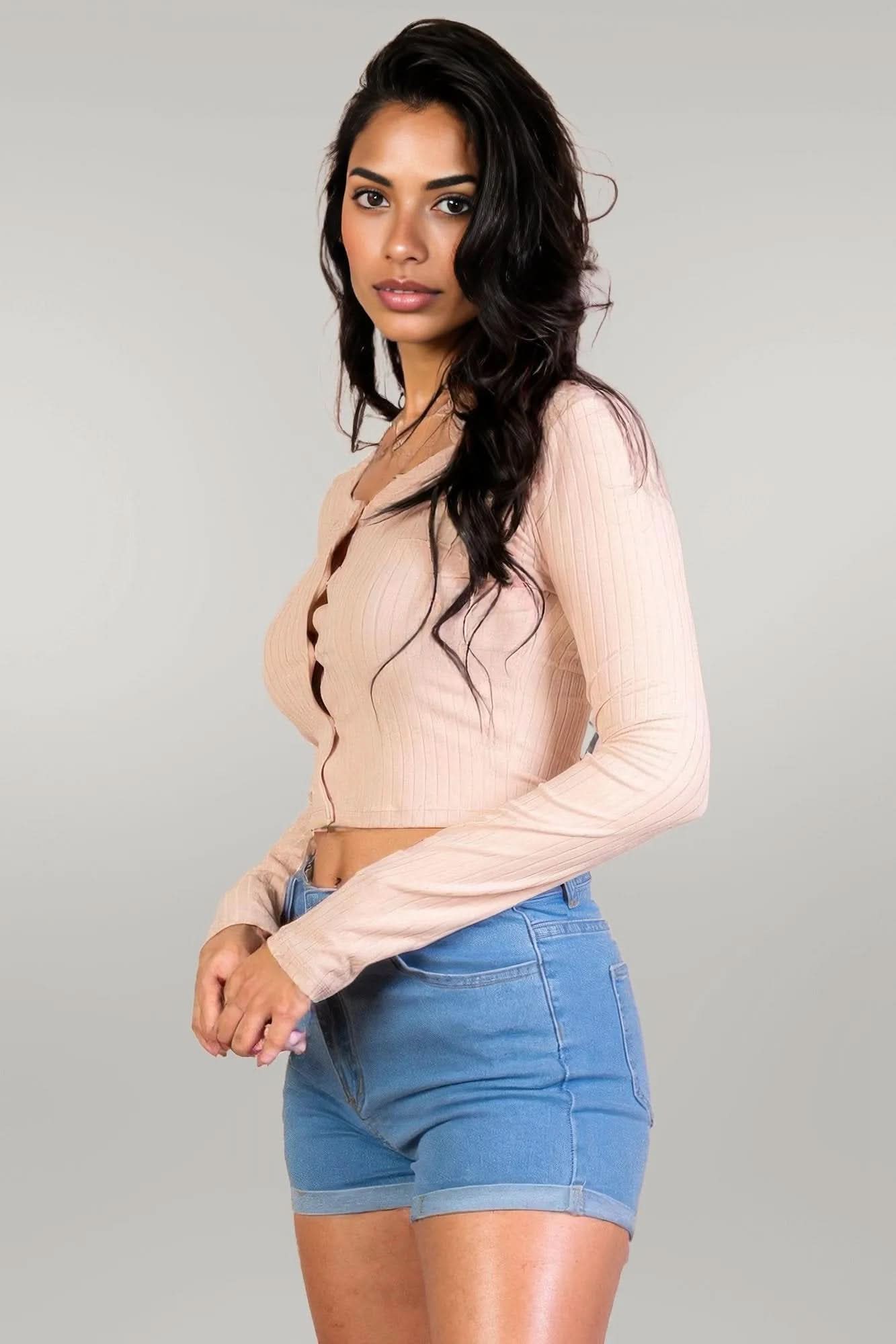 Ribbed Long Sleeve Snap Button Down Crop Top