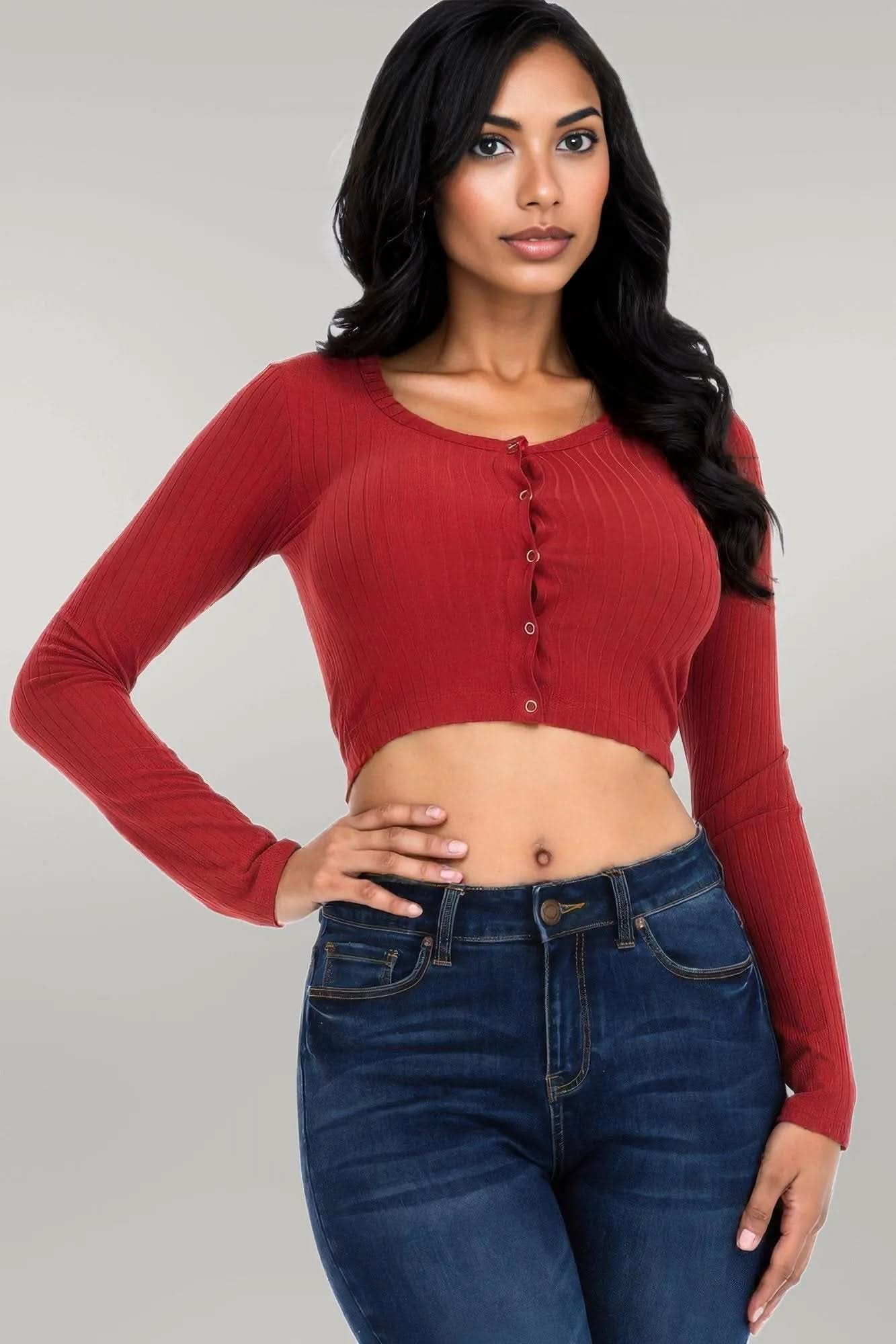 Ribbed Long Sleeve Snap Button Down Crop Top Rust