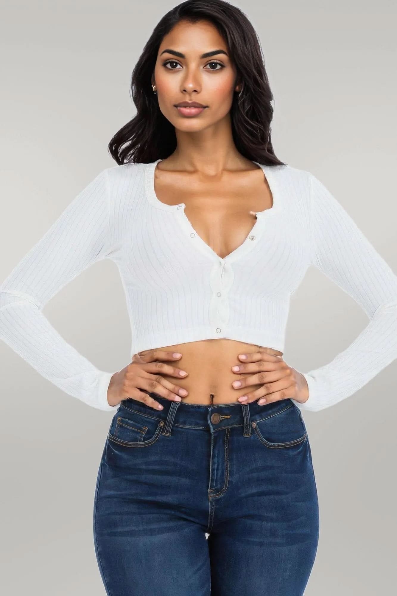 Ribbed Long Sleeve Snap Button Down Crop Top White