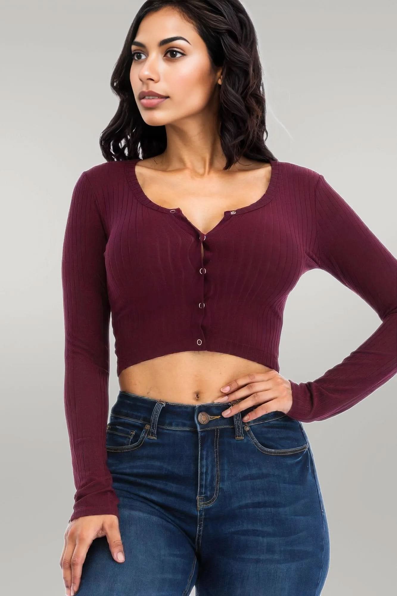 Ribbed Long Sleeve Snap Button Down Crop Top Burgundy