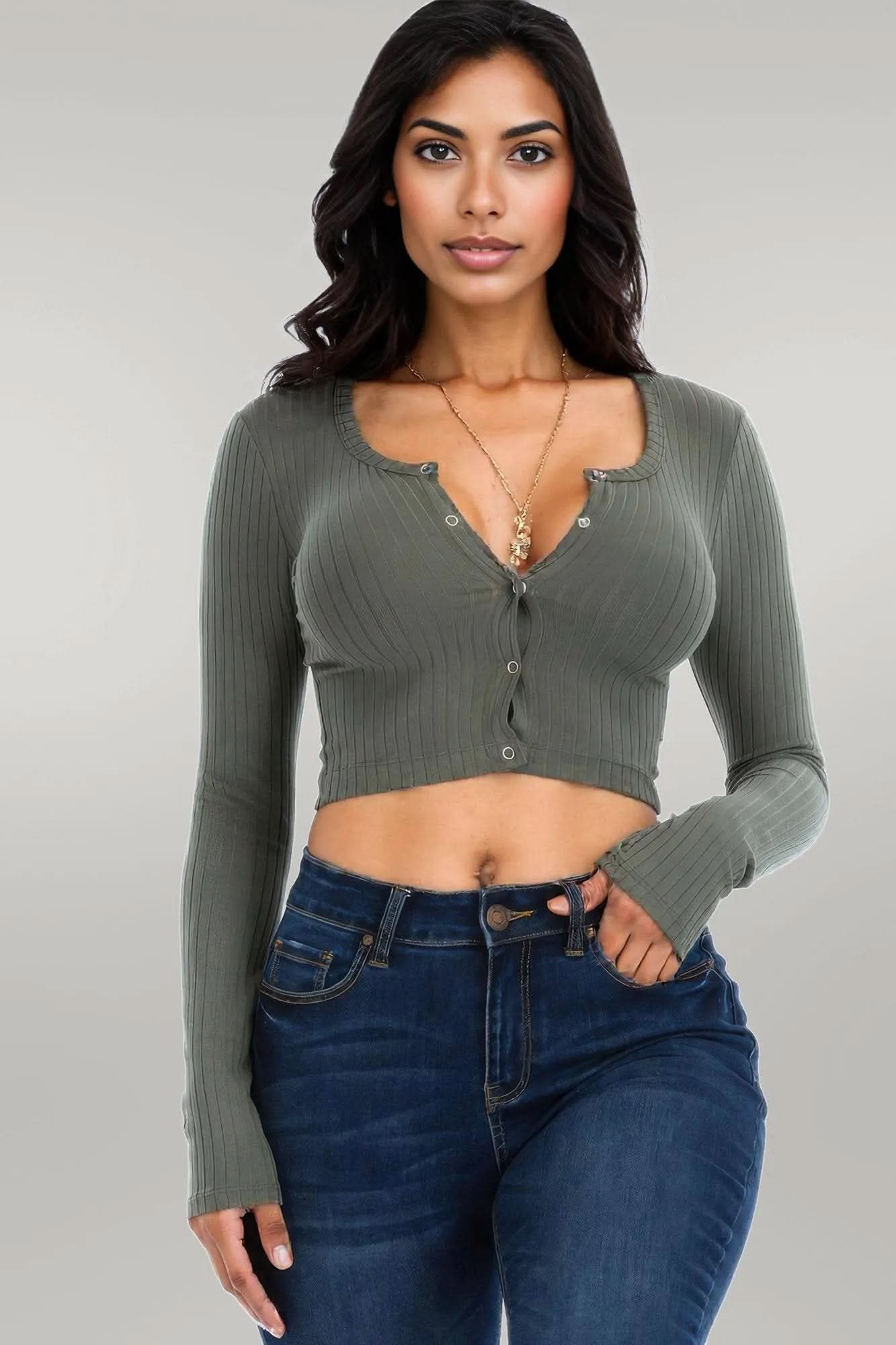 Ribbed Long Sleeve Snap Button Down Crop Top Olive