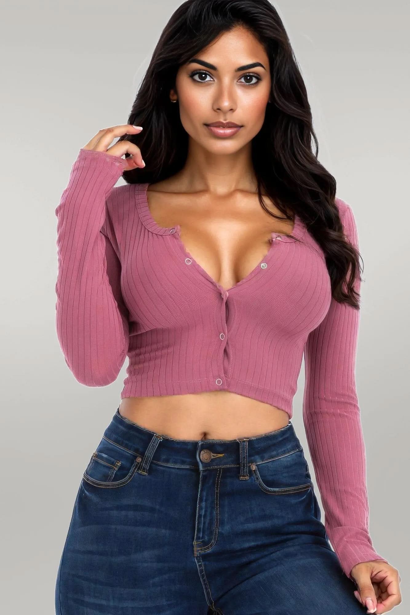 Ribbed Long Sleeve Snap Button Down Crop Top Dark mauve