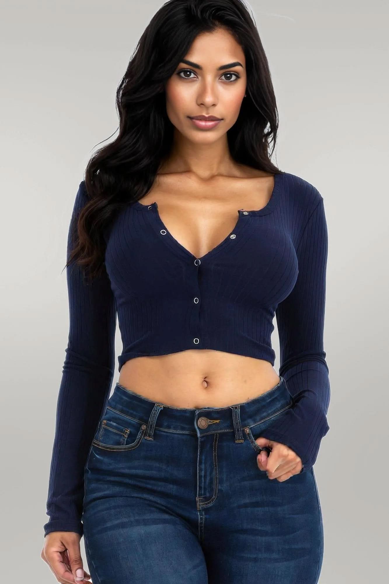 Ribbed Long Sleeve Snap Button Down Crop Top Navy