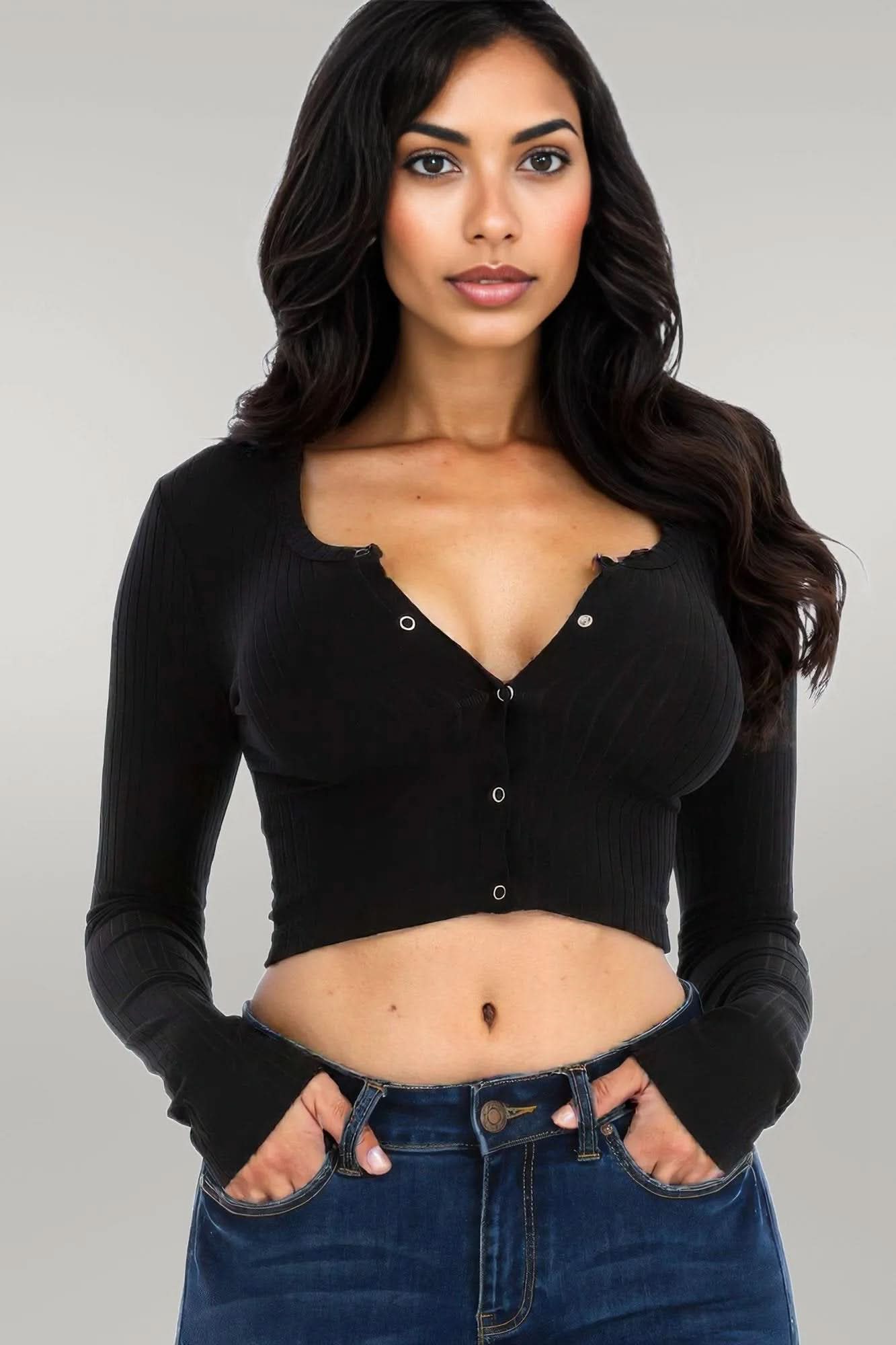 Ribbed Long Sleeve Snap Button Down Crop Top Black