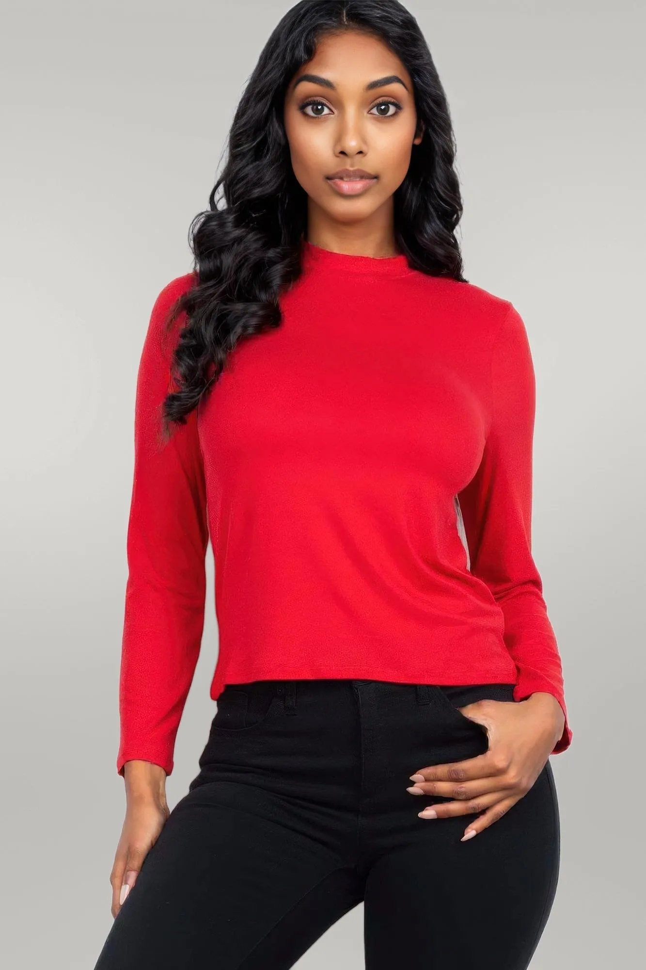 Mock Neck Solid Long Sleeve Top Red