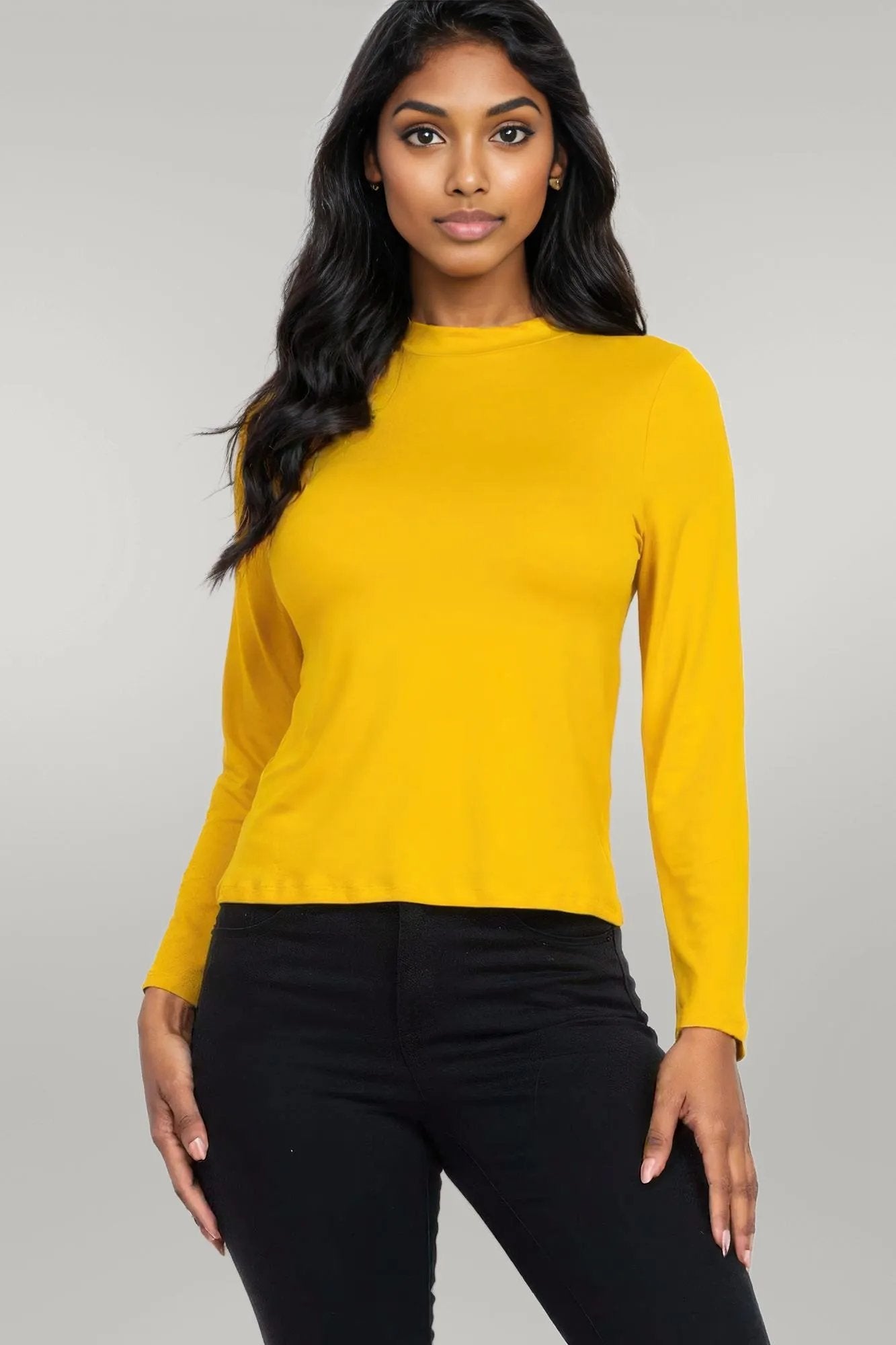Mock Neck Solid Long Sleeve Top Mustard