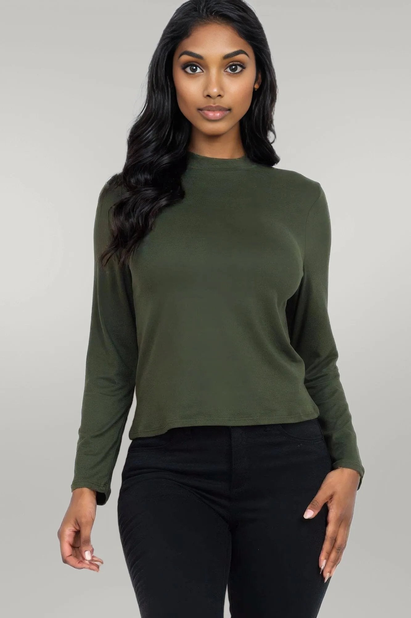 Mock Neck Solid Long Sleeve Top Olive