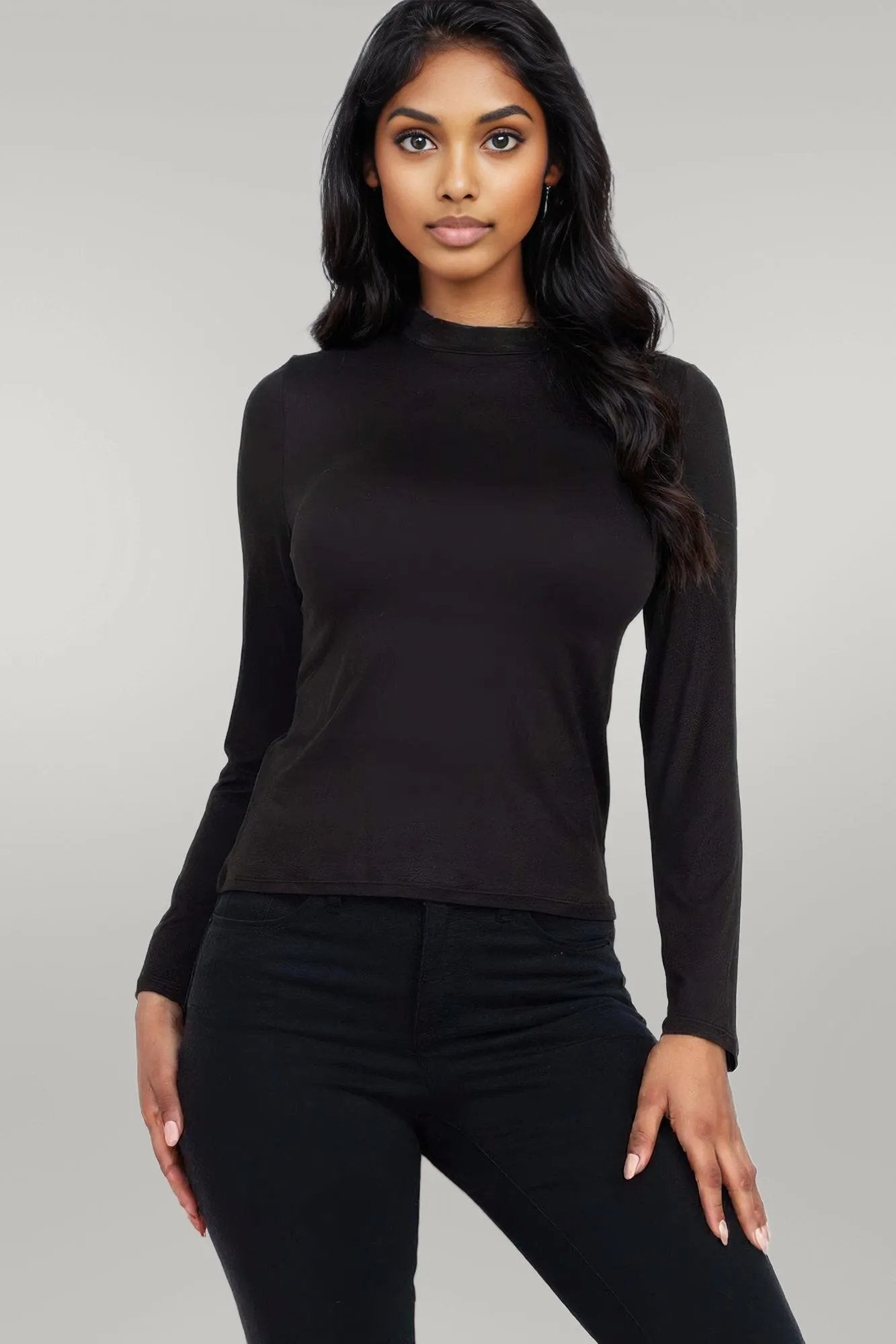 Mock Neck Solid Long Sleeve Top Black