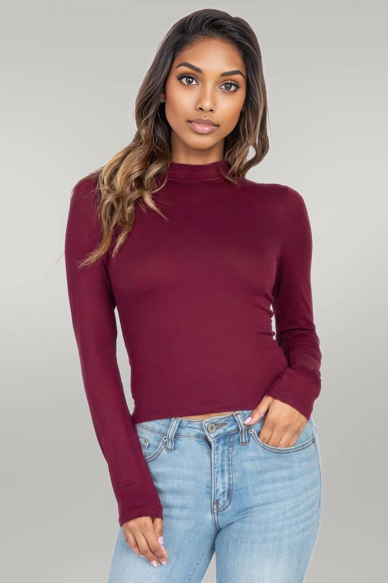 Mock Neck Solid Long Sleeve Top Burgundy
