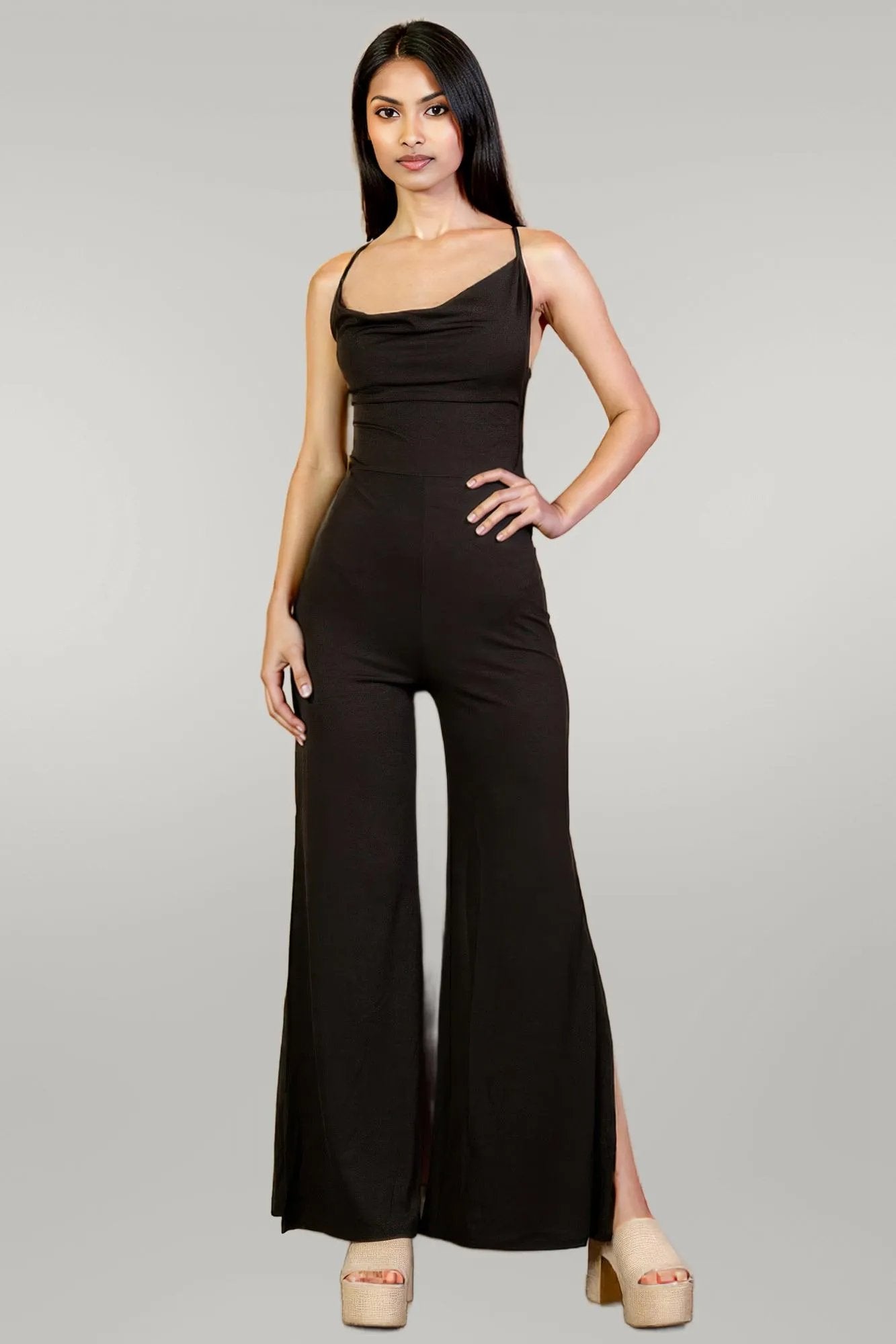 Ribbed Cowl Neck Backless Split Wide Leg Jumpsuit Black