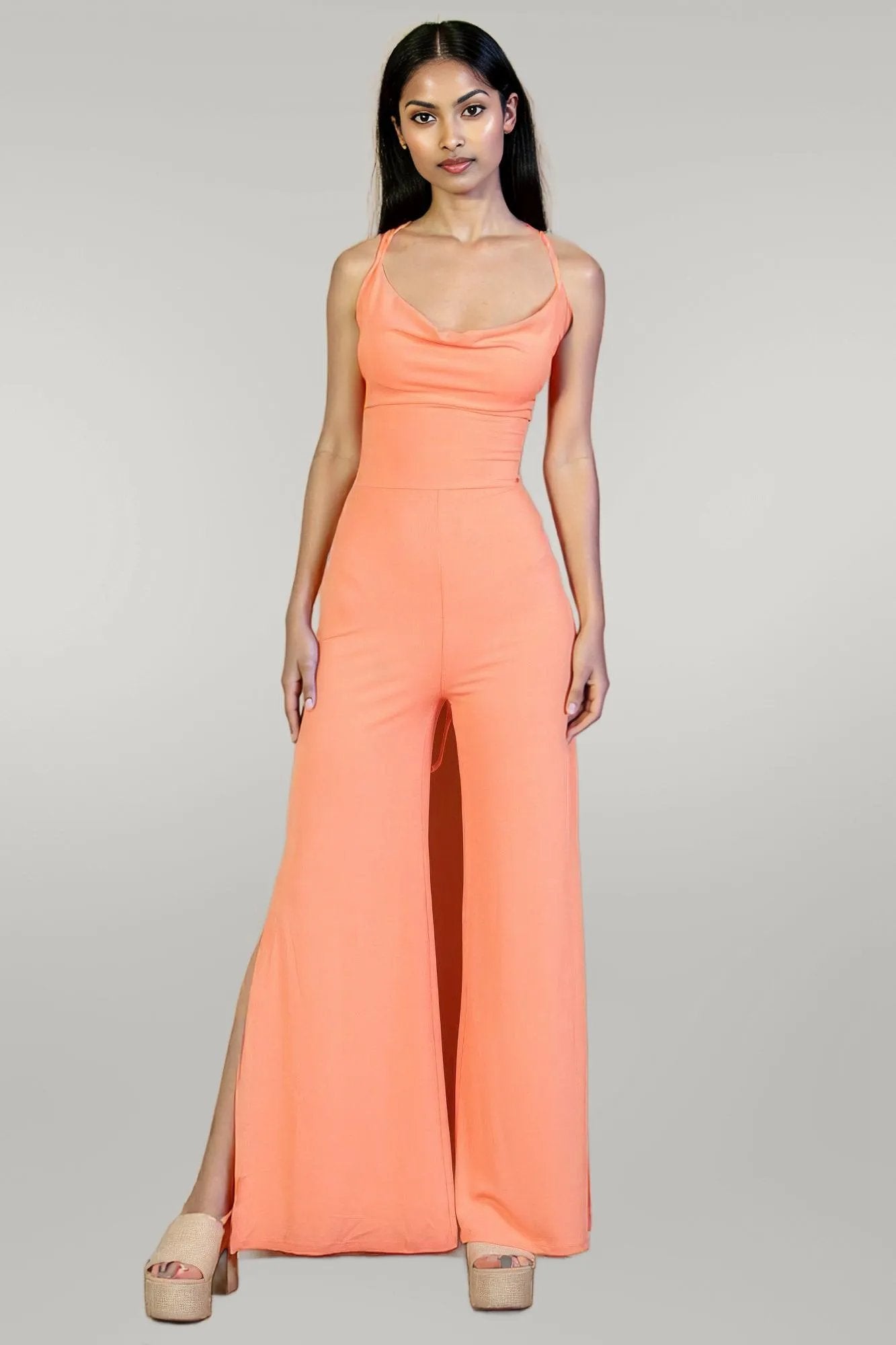 Ribbed Cowl Neck Backless Split Wide Leg Jumpsuit Flamingo