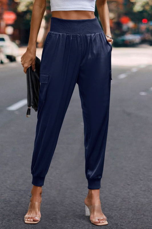 High Waist Trousers Pocket Satin Jogger Pants Navy